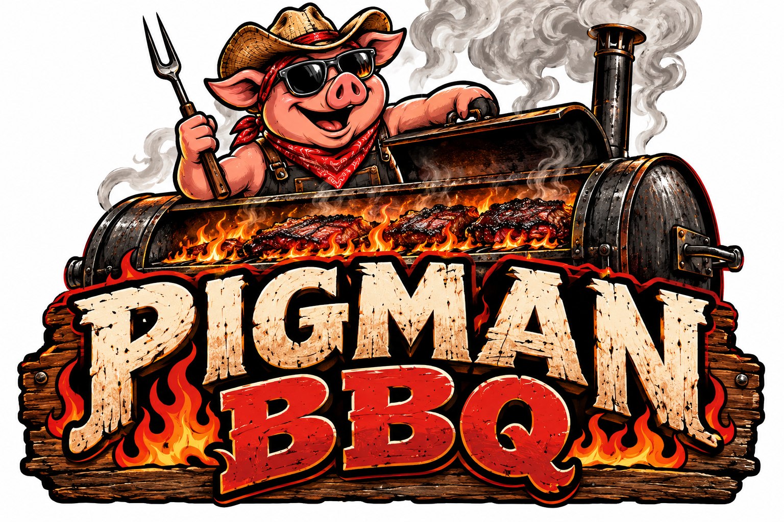 Pigman BBQ smiling pig pitmaster in a cowboy hat, sunglasses and red bandana, behind a smoking barbecue pit
